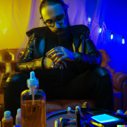 DALL·E 2022-07-29 15.35.57 - Metuzalem smoking an e-cigar, mixing liquids at middle of a livin...png