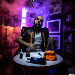 DALL·E 2022-07-29 15.35.45 - Metuzalem smoking an e-cigar, mixing liquids at middle of a livin...png