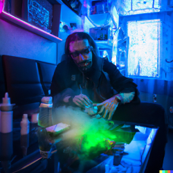 DALL·E 2022-07-29 15.35.32 - Metuzalem smoking an e-cigar, mixing liquids at middle of a livin...png